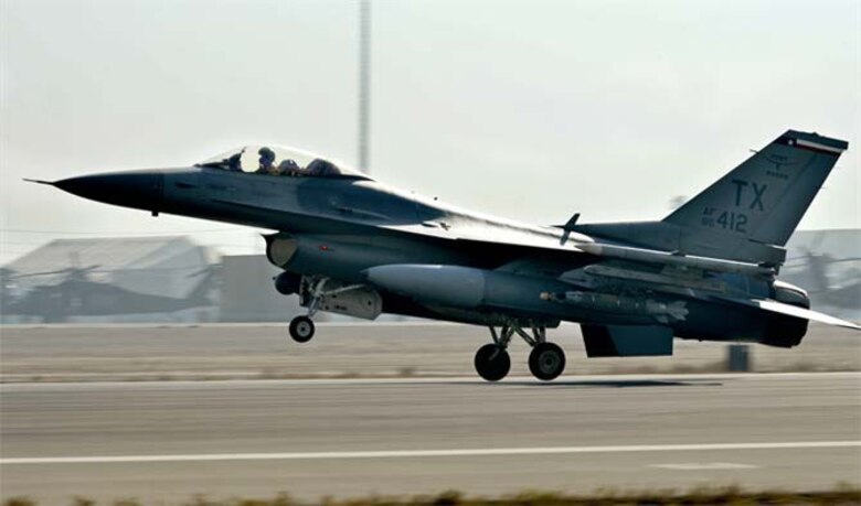 The first F-16 uses the renovated runway.