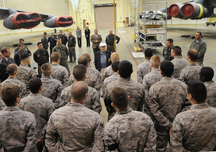 Retired Lt. Col. Richard Cole, Doolittle Raider copilot,speaks with Airmen from the 2nd Aircraft Maintenance Squadron about his experiences as a Doolittle Raider on Barksdale Air Force Base, La., Dec. 30, 2013. During his visit, Cole toured the Global power Museum, a B-52H Stratofortress and met with Airmen. (U.S. Air Force/Staff Sgt. Sean Martin)

