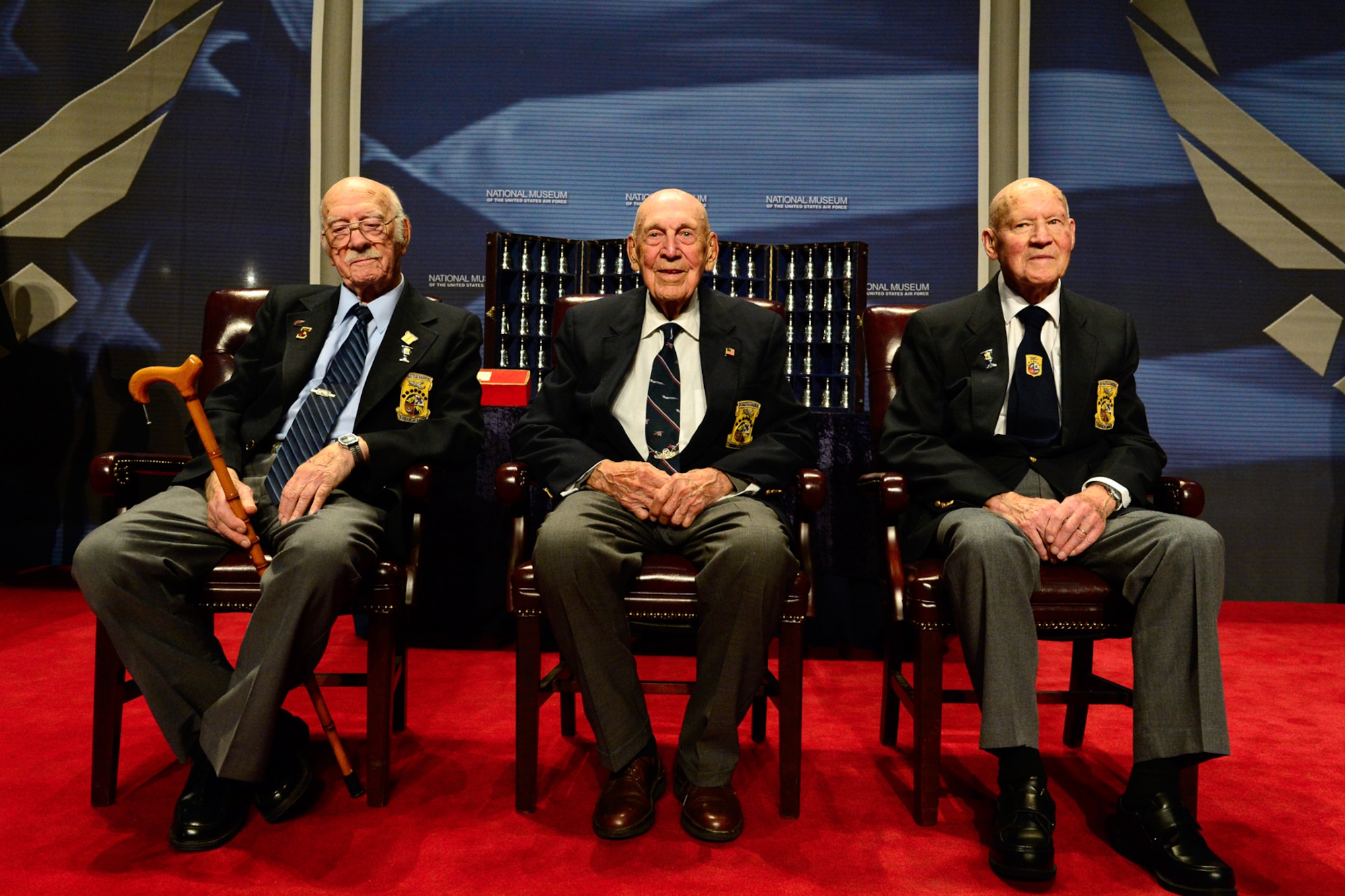 The Doolittle Tokyo Raiders after sharing their last and final toast at the National Museum of the U.S. Air Force Nov. 09, 2013 in Dayton, Ohio.(From left to right) Lt. Col. Edward J. Saylor, Lt. Col. Richard E. Cole, and Staff Sgt. David J. Thatcher.  (U.S. Air Force photo/Desiree N. Palacios)