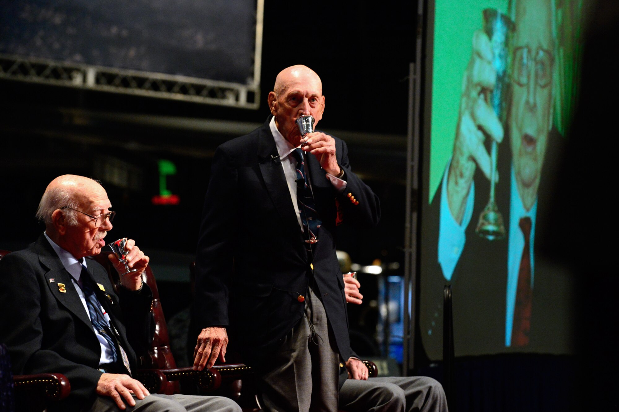 Retired Lt. Col. Richard “Dick” E. Cole sips from his goblet after giving the last and final toast at the National Museum of the U.S. Air Force Nov. 09, 2013 in Dayton, Ohio. Cole was the copilot of Aircraft No. 1. (U.S. Air Force photo/Desiree N. Palacios)