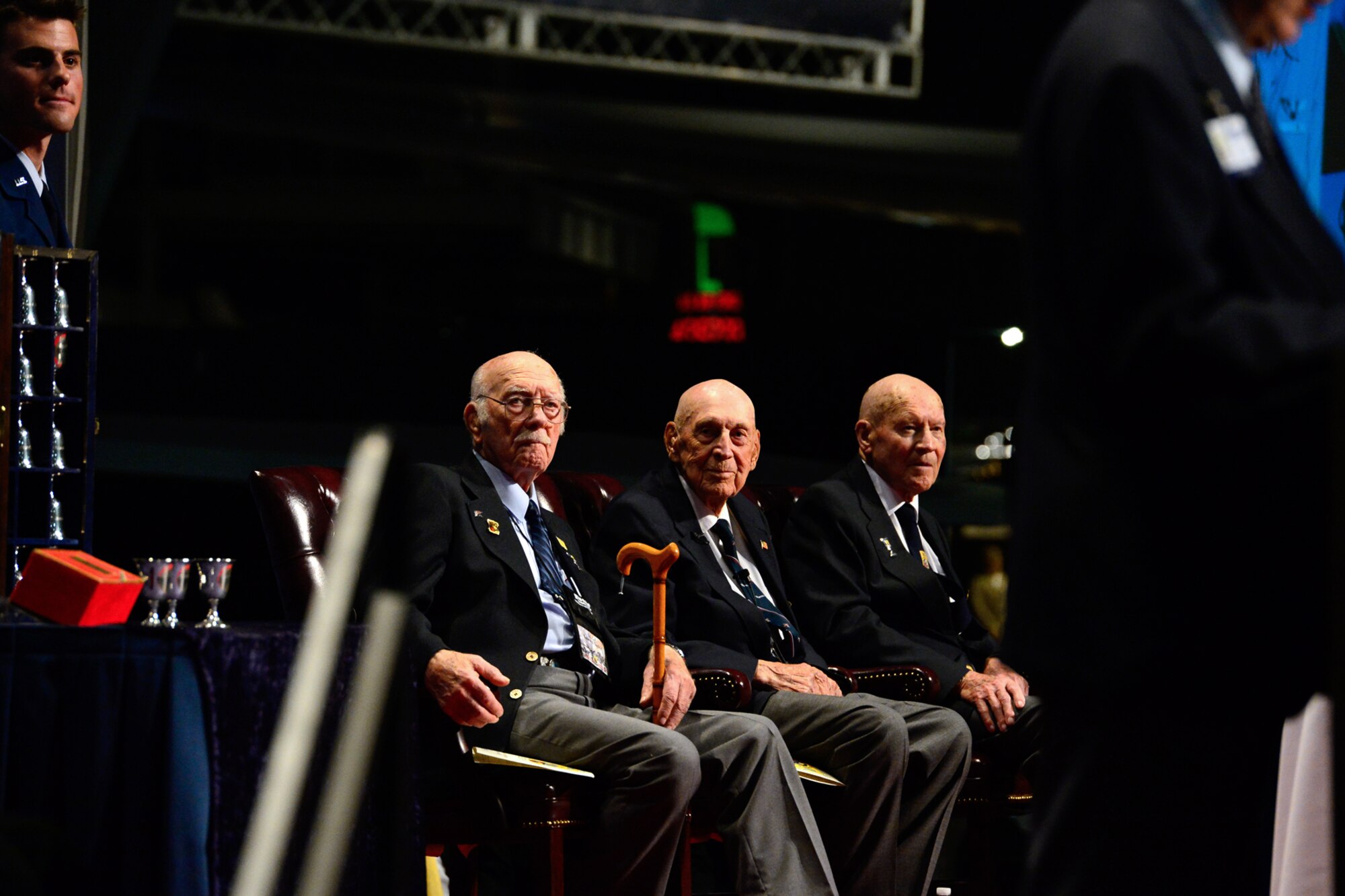 Retired Col. Carroll "C.V" Glines took the podium before The Doolittle Tokyo Raiders shared their last and final toast at the National Museum of the U.S. Air Force Nov. 09, 2013 in Dayton, Ohio. Glines is the historian for the Doolittle Raiders and a distinguished author. (U.S. Air Force photo/Desiree N. Palacios)