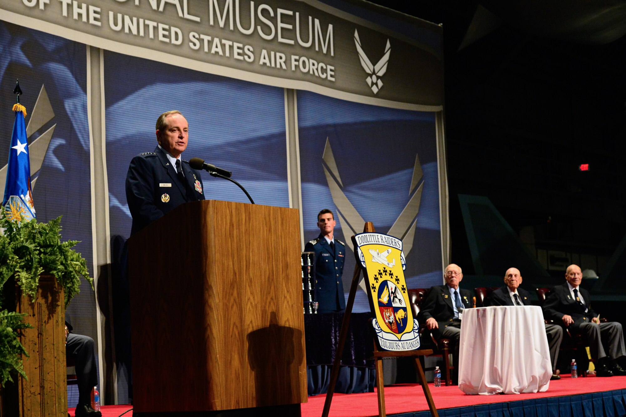 Chief of Staff of the Air Force Gen. Mark A. Welsh III took the podium before The Doolittle Tokyo Raiders shared their last and final toast at the National Museum of the U.S. Air Force Nov. 09, 2013 in Dayton, Ohio. (U.S. Air Force photo/Desiree N. Palacios)