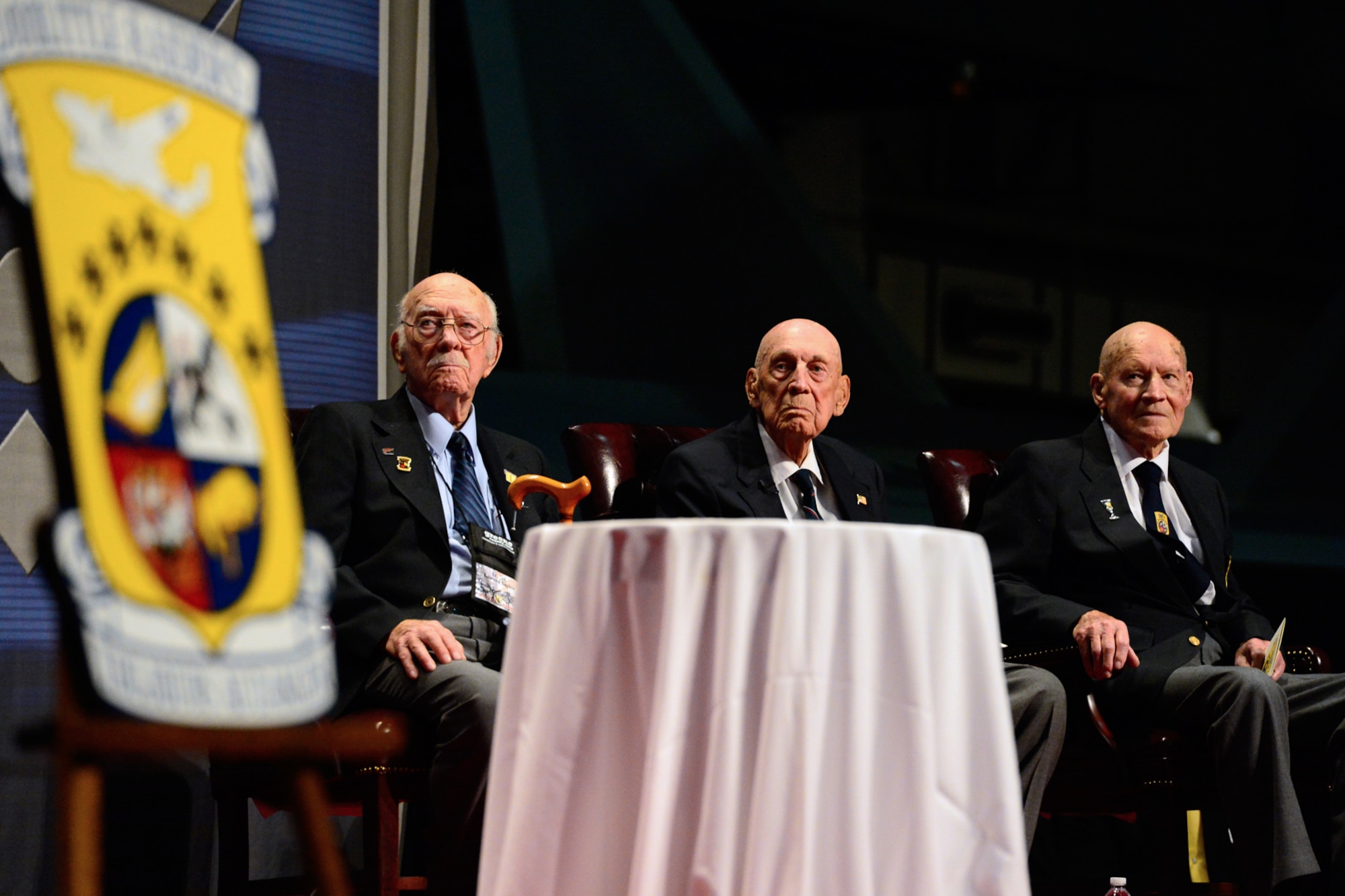 The Doolittle Tokyo Raiders shared their last and final toast at the National Museum of the U.S. Air Force Nov. 09, 2013 in Dayton, Ohio. (From left to right) Lt. Col. Edward J. Saylor, Lt. Col. Richard E. Cole, and Staff Sgt. David J. Thatcher. (U.S. Air Force photo/Desiree N. Palacios)