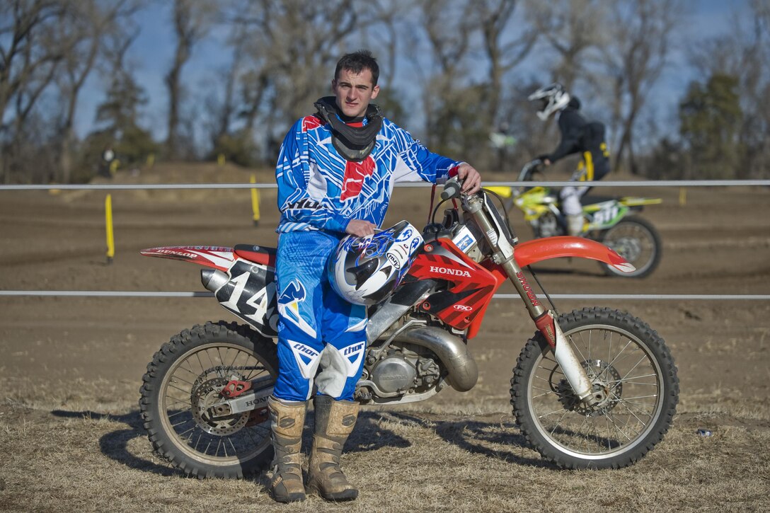 2nd Lt. Michael Reardon poses in front of a race track in Maize, Kan. He is the deputy chief of program development with the 22nd Civil Engineer Squadron at McConnell Air Force Base, Kan. Reardon has competed in motocross races for nearly three years and has been riding since he was 10 years old. 