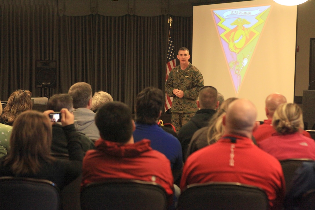 Col. John P. Farnam, commanding officer of Marine Corps Air Station Miramar, Calif., makes a speech during the Educators Workshop aboard MCAS Miramar, Calif., Jan. 30. The Educators Workshop Program runs from January through August.