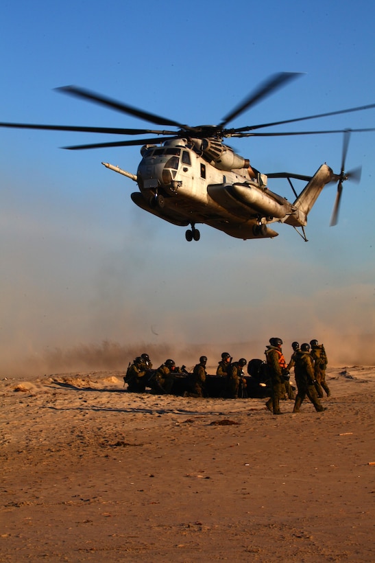 A CH-53E Super Stallion prepares to land near Japanese reconnaissance and intelligence soldiers during helocasting training near Marine Corps Base Camp Pendleton, Calif., Jan. 31. Charlie Company, 1st Reconnaissance Marines hosted Japanese forces in efforts to trade operating procedures and strengthen ties between allies.