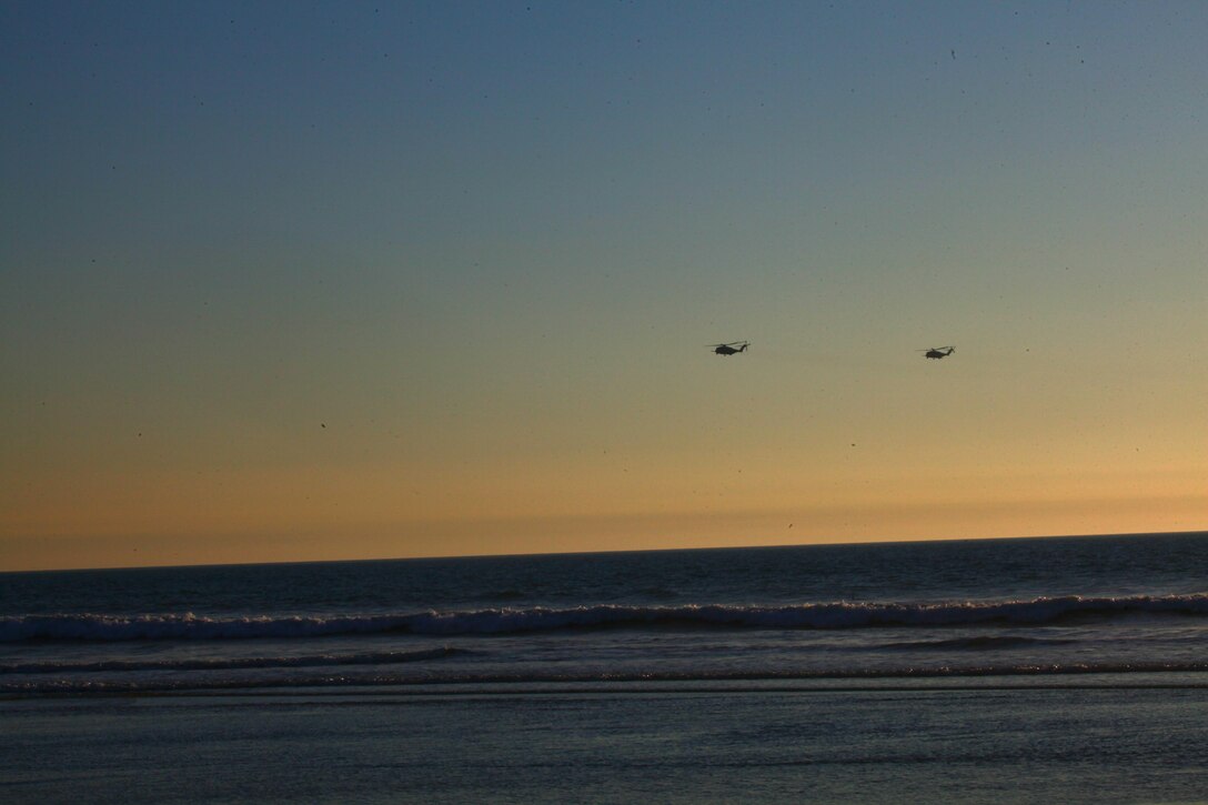 Two Ch-53E Super Stallions with Marine Heavy Helicopter Squadron 465 'Warhorse,' 3rd Marine Aircraft Wing fly away from the shore after carrying Charlie Company, 1st Reconnaissance Marines and Japanese recon and intelligence soldiers during helocasting training near Marine Corps Base Camp Pendleton, Calif., Jan. 31. During the training, Marines and soldiers jumped from low-flying helicopters into water to complete a stealth insertion onto the beach, much like they would in combat.