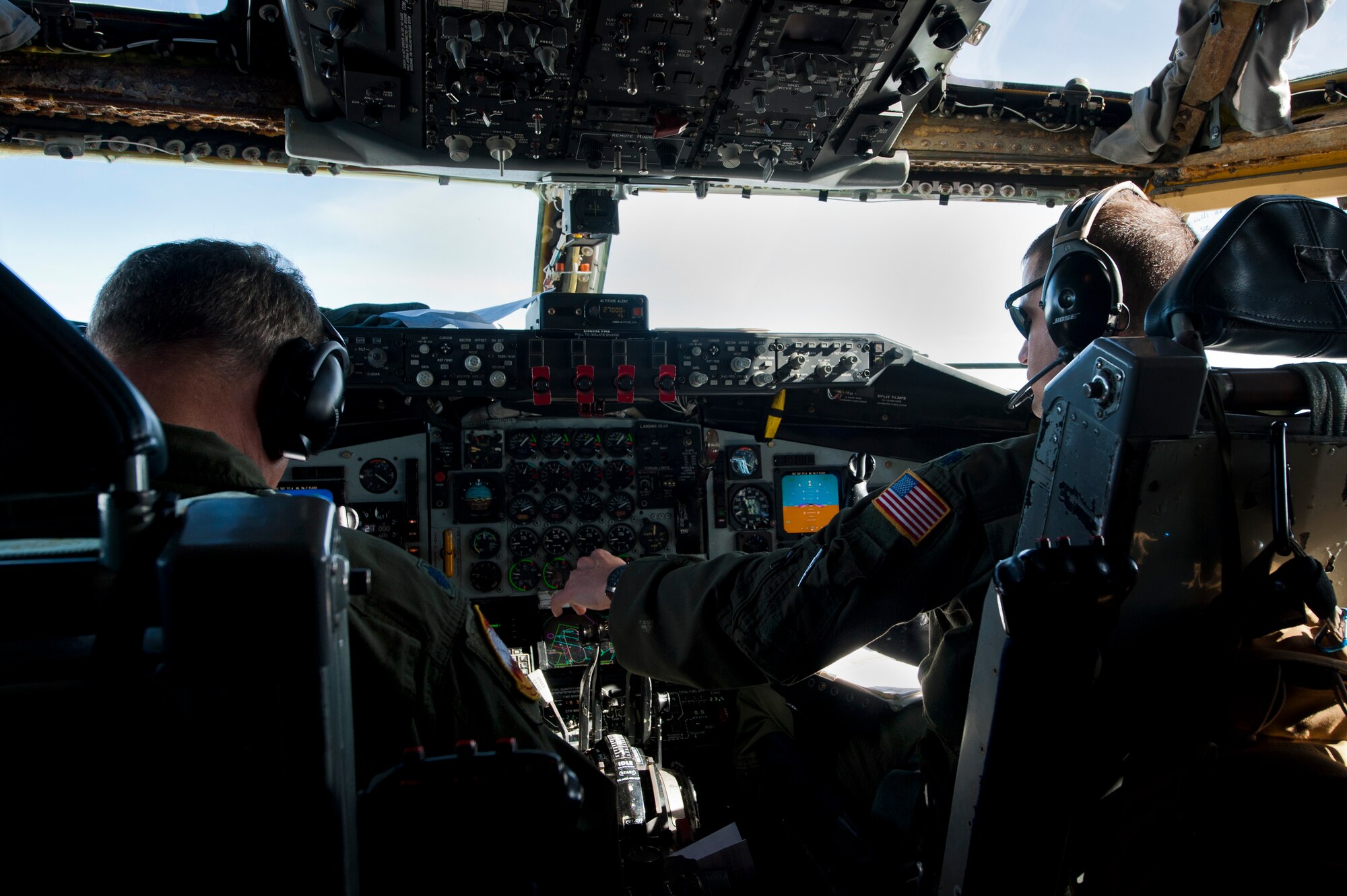 Lt. Col. Thomas Blake, 157th Air Refueling Wing pilot, and Lt. Col. Daniel Stone, 64th Air Refueling Squadron pilot, from the 22nd Air Refueling Wing out of McConnell Air Force Base, Kansas, fly a KC-135 Stratotanker during Red Flag 13-2 Jan. 25, 2013, above the Nevada Test and Training Range. The KC-135, which entered service in 1957, is one of six military fixed-wing aircraft with more than 50 years of continuous service. The KC-135’s provides the core aerial refueling capability for the U.S. Air Force. (U.S. Air Force Photo by Airman 1st Class Jason Couillard)