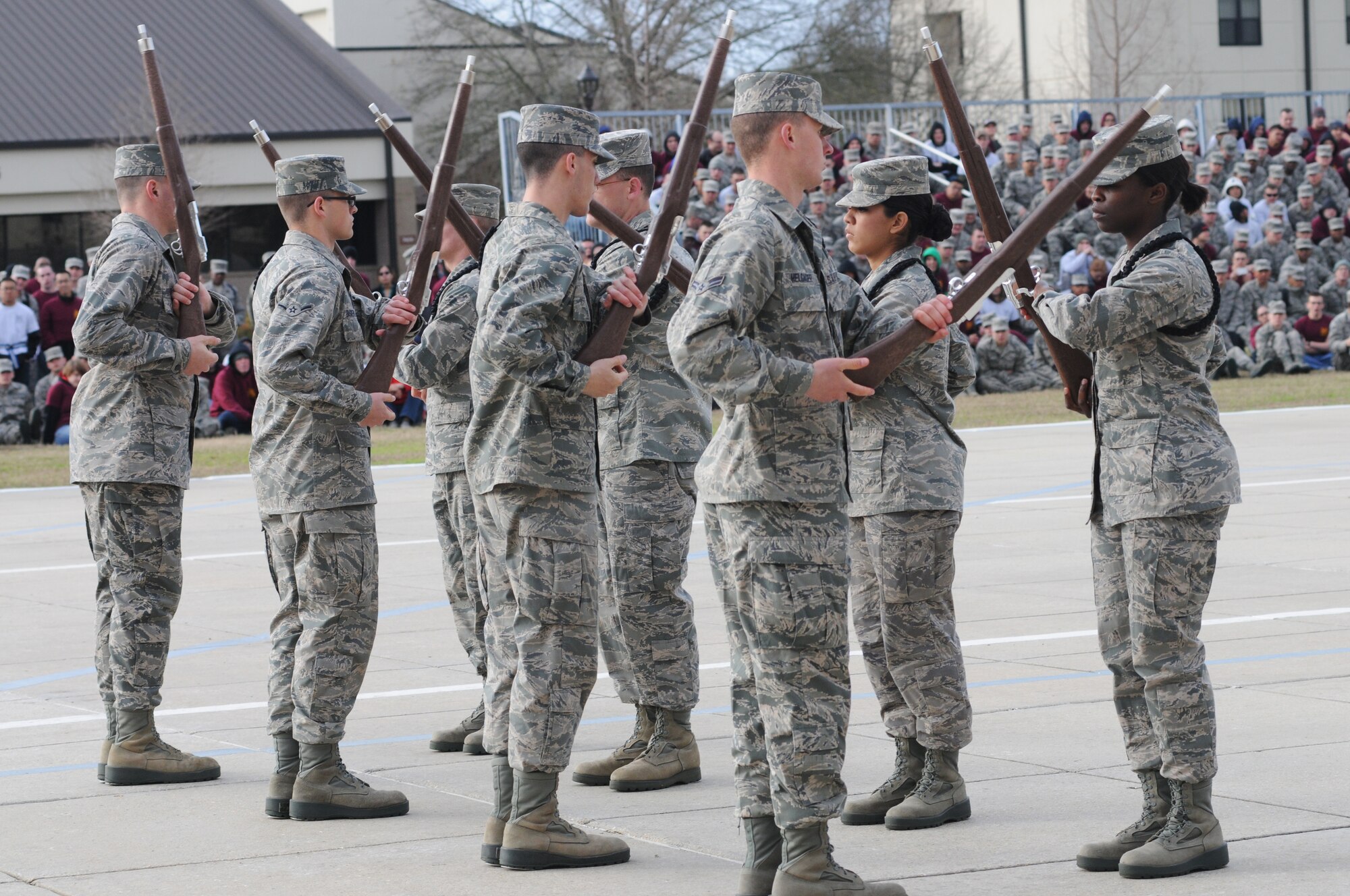 Members of the 336th Training Squadron freestyle drill competition team perform at the first drill down of the season Feb. 1, 2013, at the Levitow Training Support Facility, Keesler Air Force Base, Miss.  The 338th TRS was the overall winner of the drill down, with the 335th TRS taking second and the 336th TRS in third.  (U.S. Air Force photo by Kemberly Groue)