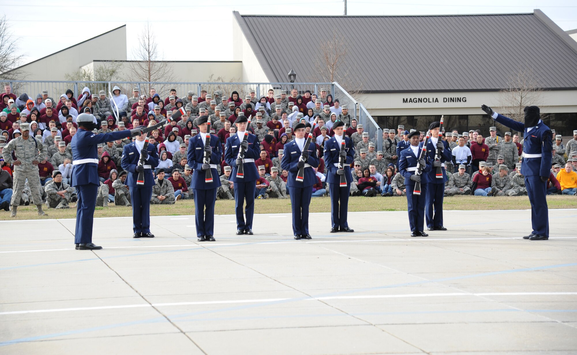 Members of the 335th Training Squadron freestyle drill competition team perform at the first drill down of the season Feb. 1, 2013, at the Levitow Training Support Facility, Keesler Air Force Base, Miss.  The 338th TRS was the overall winner of the drill down, with the 335th TRS taking second and the 336th TRS in third.  (U.S. Air Force photo by Kemberly Groue)