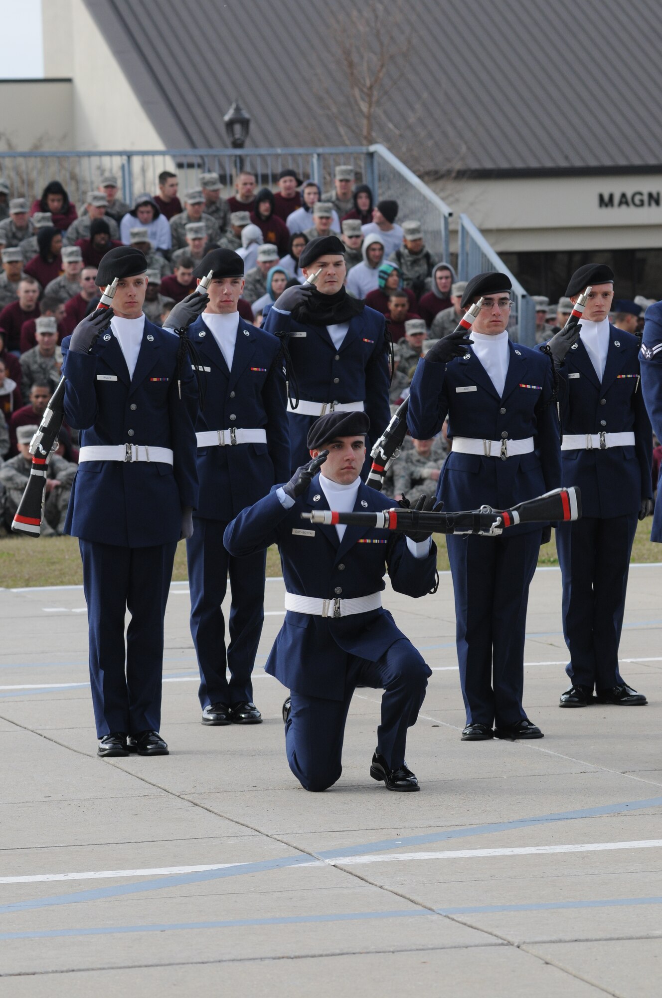 Members of the 335th Training Squadron freestyle drill competition team perform at the first drill down of the season Feb. 1, 2013, at the Levitow Training Support Facility, Keesler Air Force Base, Miss.  The 338th TRS was the overall winner of the drill down, with the 335th TRS taking second and the 336th TRS in third.  (U.S. Air Force photo by Kemberly Groue)