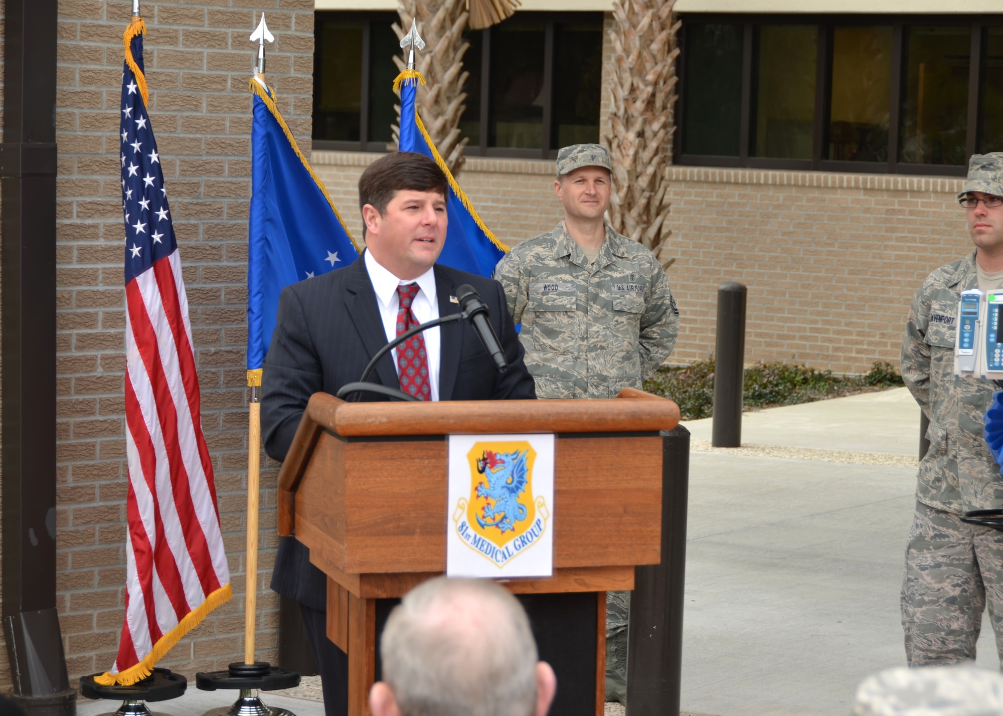 Mississippi’s Fourth District Congressman Steven Palazzo addresses guests at the ribbon-cutting ceremony for the Keesler Medical Center’s new Back Bay Tower Feb. 1, 2013, at Keesler Air Force Base, Miss. The tower contains state-of-the art medical and surgical inpatient wards, intensive care and recovery/peri-anesthesia care units as well as a new emergency department, physical-occupational therapy-chiropractic clinic, two new operating rooms and two cardiac catheterization labs.  The hospital started using the new facility in December.  Brig. Gen. (Dr.) Kory Cornum, 81st Medical Group commander and host for event, also used the opportunity to announce the Keesler Hospital has been officially re-designated “Keesler Medical Center.”  (U.S. Air Force photo by Steve Pivnick)