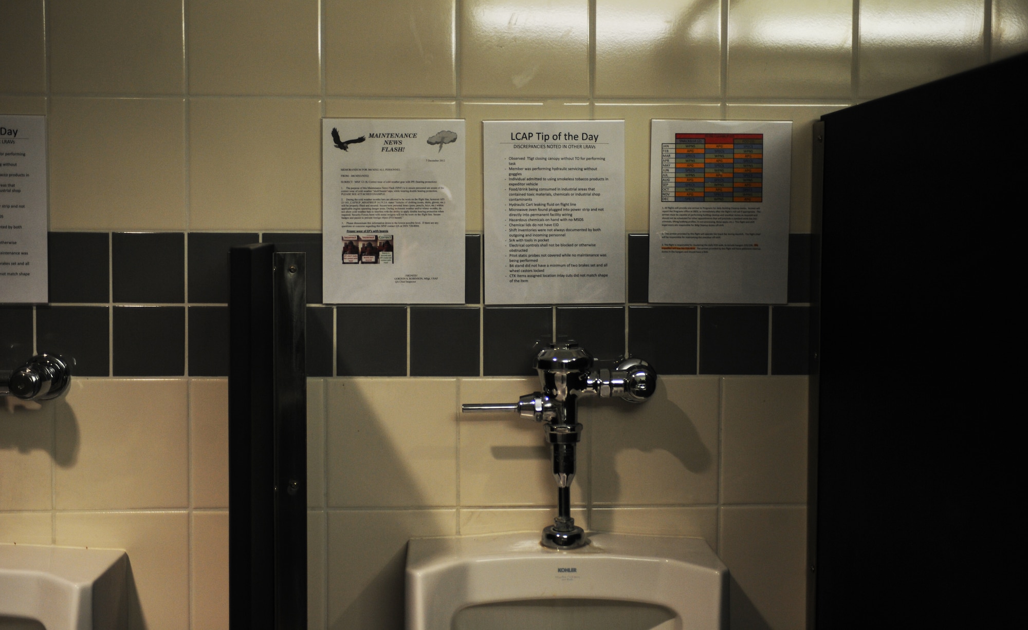 Everywhere, including the restrooms of Mountain Home Air Force Base, Idaho, include reminders and tips about the importance of the Logistics Compliance Inspection Program. The base welcomed inspectors from Air Combat Command throughout the week of Jan. 28 through Feb. 1, 2013. (U.S. Air Force photo/Senior Airman Benjamin Sutton) 