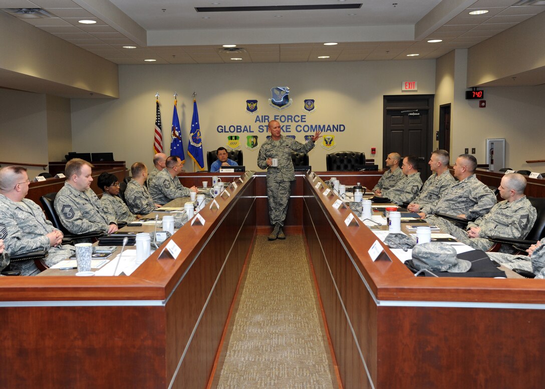 Command Chief Chief Master Sgt. Brian Hornback, Air Force Global Strike Command, speaks to 31 Chief Master Sgt. selects at Barksdale Air Force Base, La., Jan. 28. Hornback talked about the intentions of the conference and what to expect as they get ready to promote to the highest rank of the enlisted force. (U.S. Air Force photo/Airman 1st Class Joseph A. Pagán Jr.)(RELEASED)