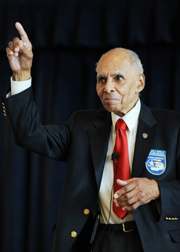 Tuskegee Airman Dr. Roscoe C. Brown Jr., speaks during the Black History Month Opening Breakfast at Joint Base Andrews, Md., Feb. 1, 2013. Brown served as a squadron commander during World War Two and received the Distinguished Flying Cross for shooting down an ME-262 on March 24, 1945. (U.S. Air Force photo/ Staff Sgt. Nichelle Anderson) 
