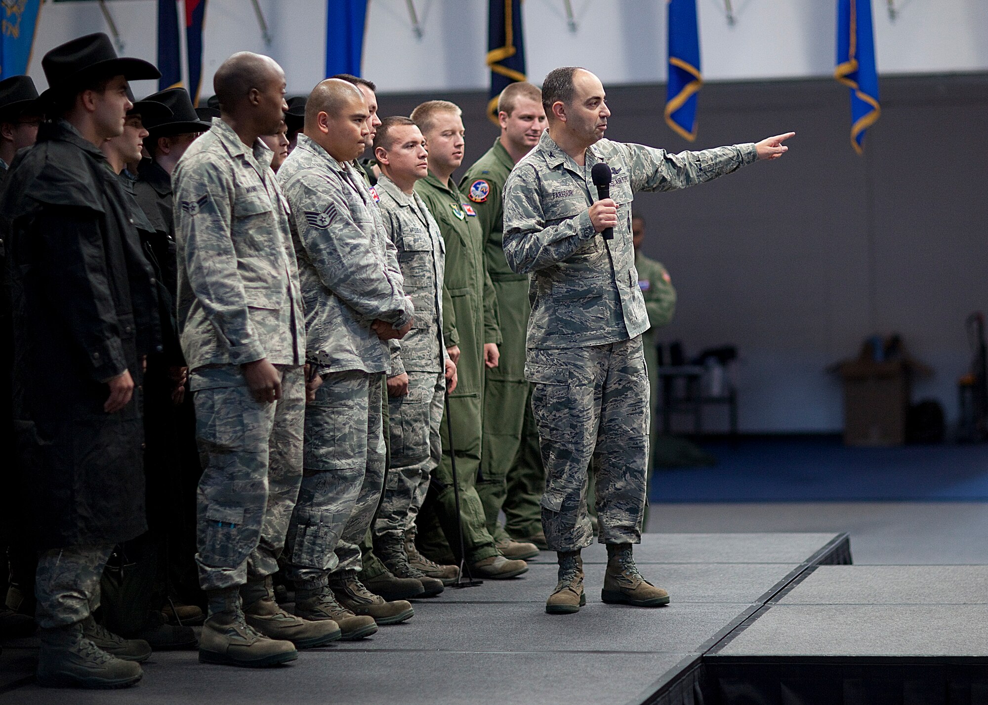 Col. George Farfour, 90th Missile Wing vice commander, speaks at the 2012 Global Strike Challenge send-off Nov. 8, 2012, in the Fall Hall Community Center. (U.S. Air Force photo by Matt Bilden)