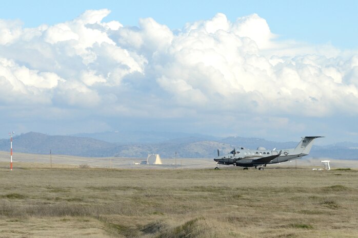 A U.S. Air Force MC-12 Liberty aircraft takes off for a training sortie at Beale Air Force Base, Calif., Jan. 25, 2013. Sorties consist of flying patterns and running through touch and go exercises. (U.S. Air Force Photo by Mr. John Schwab/Released)
