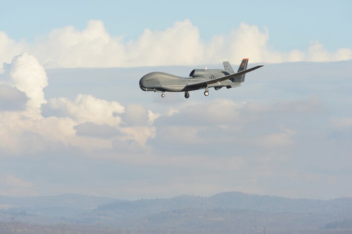 A U.S. Air Force RQ-4 Global Hawk unmanned aerial vehicle prepares to land at Beale Air Force Base, Calif. after flying a routine training mission, Jan. 25, 2013. (U.S. Air Force Photo by Mr. John Schwab/ Released)