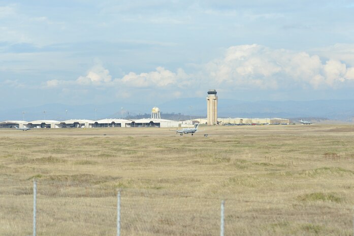 A U.S. Air Force MC-12 Liberty aircraft lands after flying a training sortie at Beale Air Force Base, Calif., Jan. 25, 2013. Sorties consist of flying patterns and running through touch and go exercises. (U.S. Air Force Photo by Mr. John Schwab/Released)