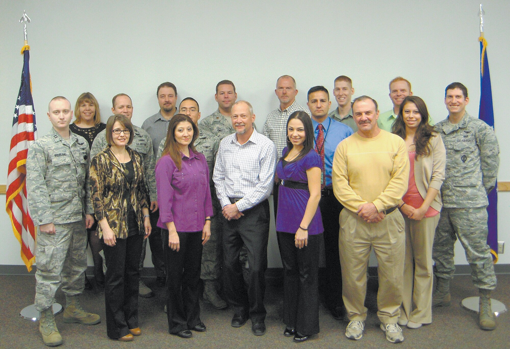 Back row, from left, are Maryann Zelenak, Jason Ford, Maj. Dave Gwilt, Joe Woodward, Luke Barker, Dustin Strickland, Capt. Austin Potter. Middle row, from left, are Capt. Dameon Bourland, Capt. Mike Capra, Capt. Sam Vierra, John Moore, Nathan Trujillo, Dana Rand. Front row, from left, are Tiffany Morgan, Gina Maes, Yris Rodriguez, Joe Babilon.