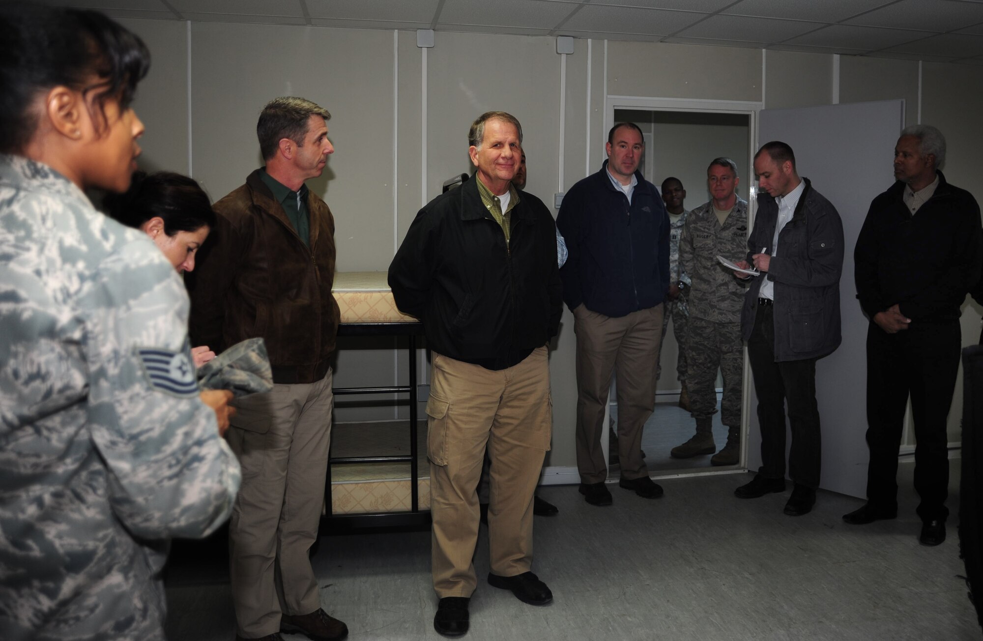 U.S. Reps. Hank Johnson of Georgia, Ted Poe of Texas and Rob Wittman of Virginia, tour Patriot Village housing Jan. 30, 2013, at Incirlik Air Base, Turkey. Three congressional delegates toured the Patriot missile staging site, temporary housing accommodations and met service members. (U.S. Air Force photo by Senior Airman Anthony Sanchelli/Released)