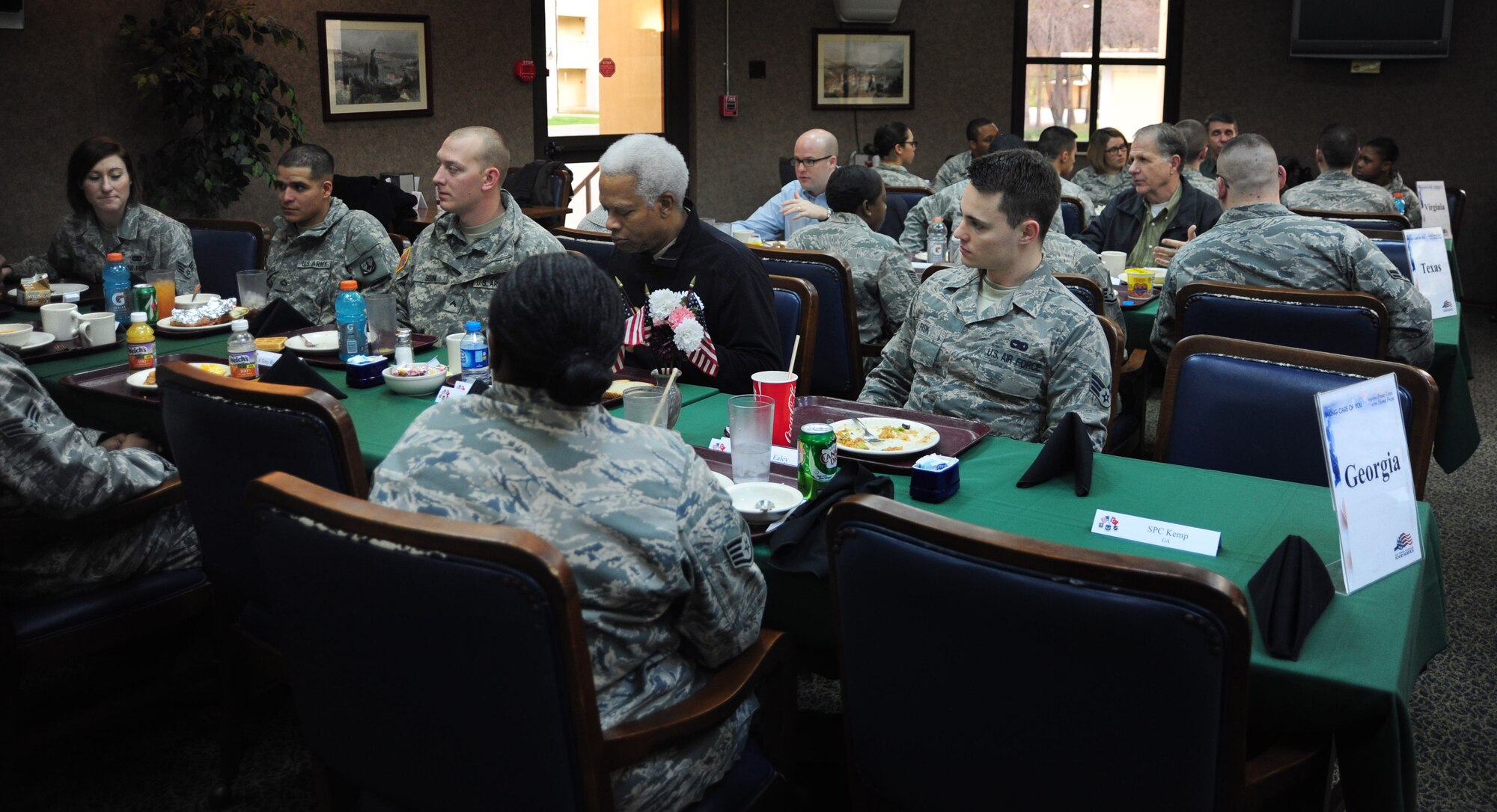 U.S. Reps. Hank Johnson of Georgia, Ted Poe of Texas and Rob Wittman of Virginia, have breakfast with Airmen Jan. 30, 2013, at Incirlik Air Base, Turkey. The three congressional delegates visited the base to tour the Patriot sites and to meet service members to thank them for their support of the NATO mission. (U.S. Air Force photo by Senior Airman Anthony Sanchelli/Released)