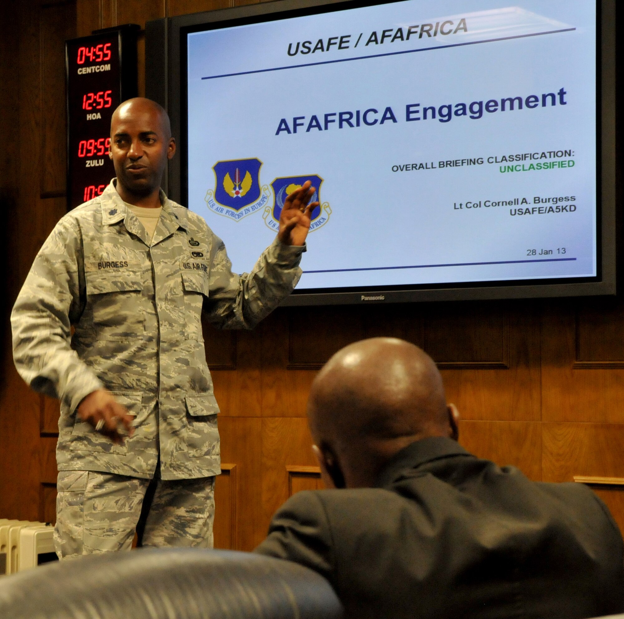 RAMSTEIN AIR BASE, Germany -- Lt. Col. Cornell A. Burgess, a a political military and regional affairs officer for West Central Africa for the United States Air Forces in Europe and Air Forces Africa Plans, Programs and Analyses Directorate, explains to 12 representatives of the Nigerian media, armed forces and U.S. Embassy how AFAFRICA engages with partner nations across Africa during a media delegation visit here Jan. 30. The visit was part of U.S. Africa Command's Media Visit Program. U.S. Air Force Photo by Tech. Sgt. James M. Hodgman