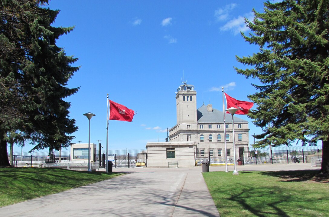 A view from the main entrance at the Soo Locks in Sault Sainte Marie, Michigan.  The entire Soo Locks facility is a National Historic Landmark.