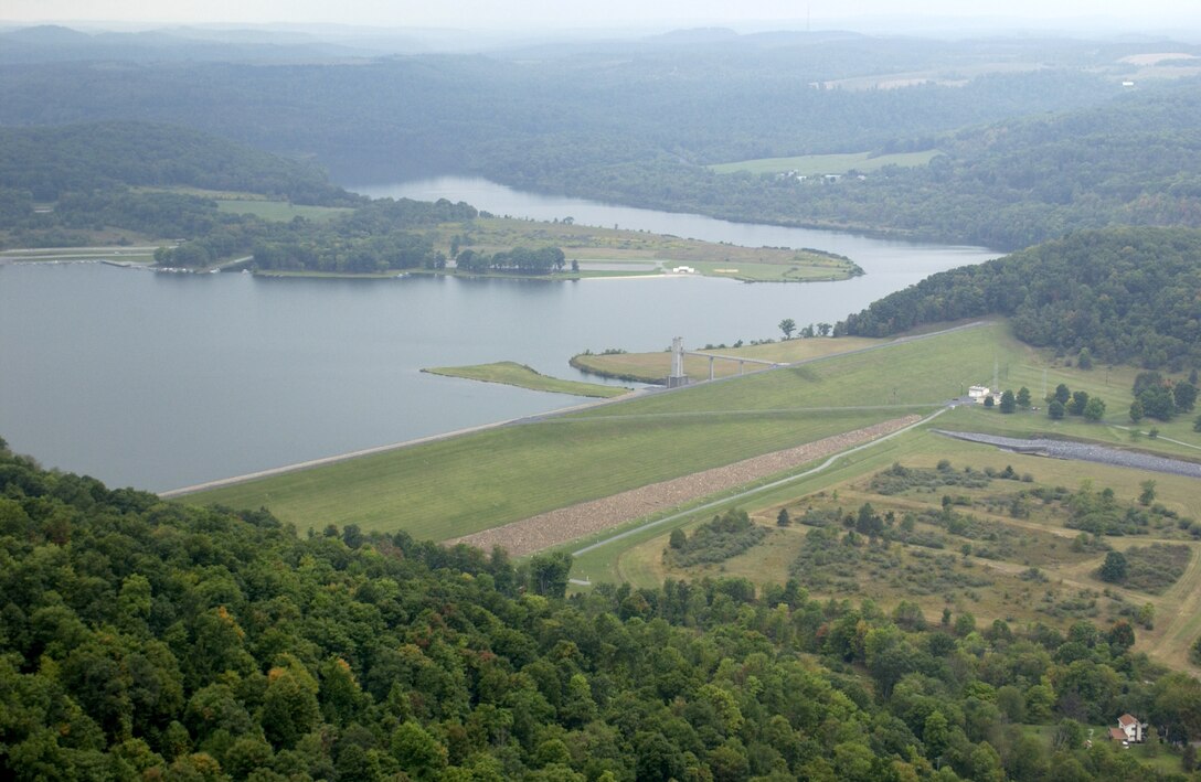 Aerial view of Curwensville Lake and Dam.