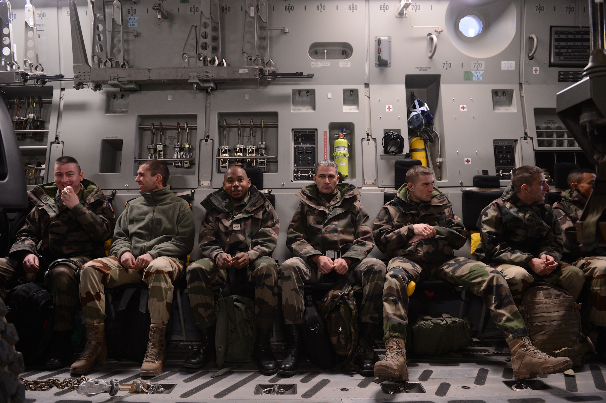 ISTRES, France - French troops prepare for take-off inside a C-17 Globemaster III cargo aircraft in Istres, France, Jan. 24, 2013.  The United States has agreed to help France airlift troops and equipment into Mali. (U.S. Air Force photo by Staff Sgt. Nathanael Callon) (Released)