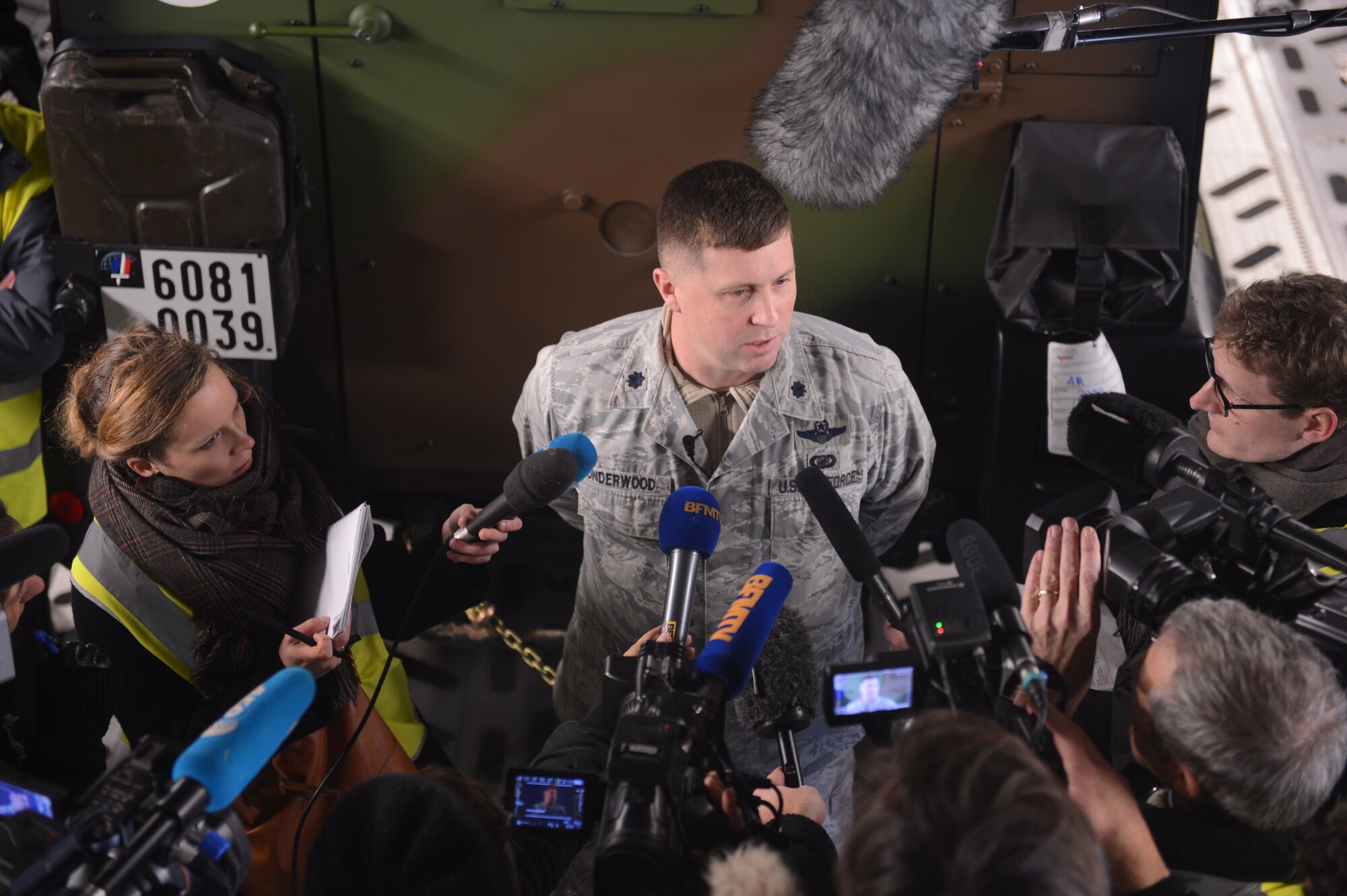 ISTRES, France - U.S Lt. Col. Shawn Underwood speaks to press about the U.S. mission in Istres, France, Jan. 24, 2013.  The United States has agreed to help France airlift troops and equipment into Mali. (U.S. Air Force photo by Staff Sgt. Nathanael Callon) (Released)