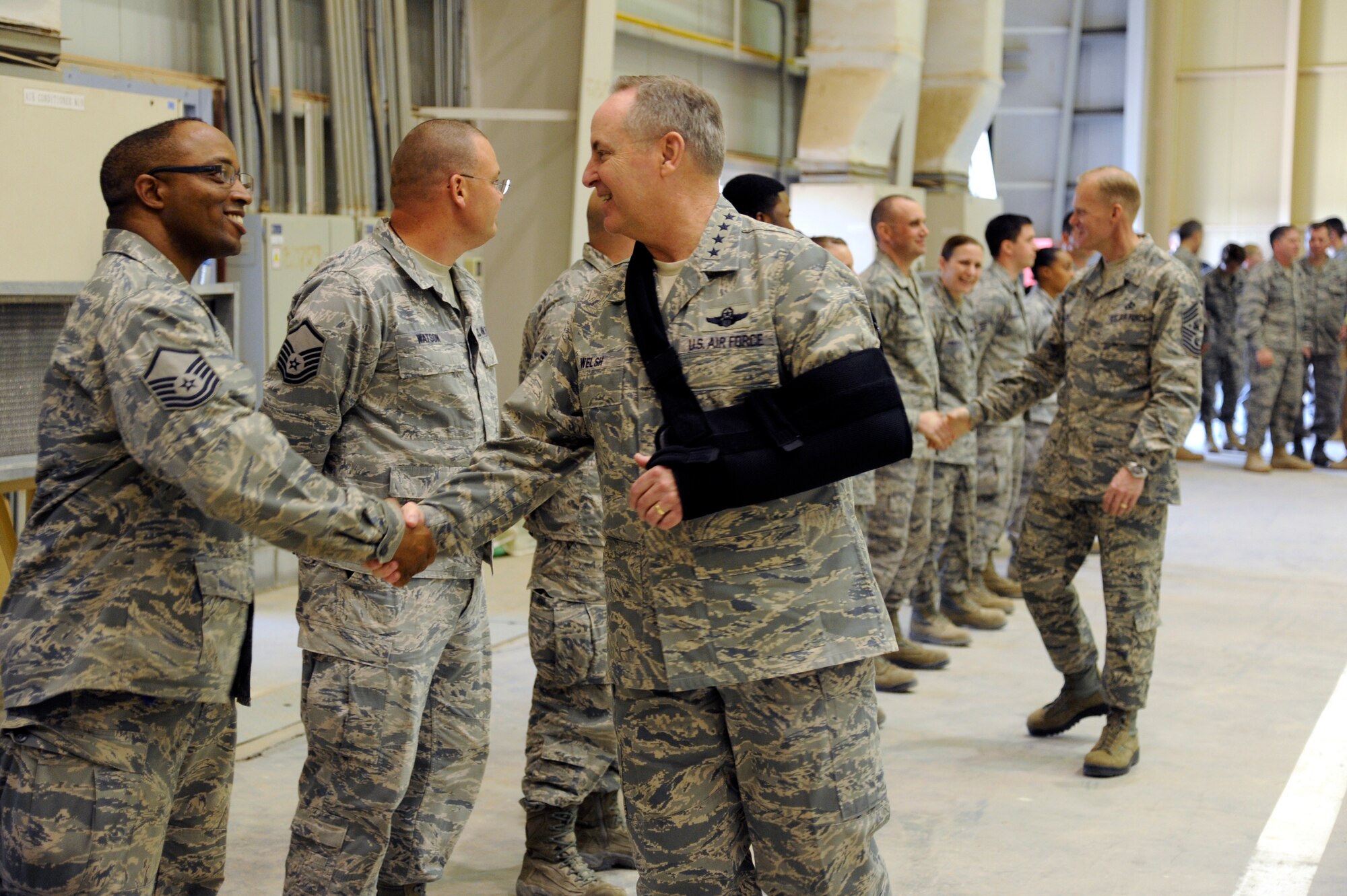 Air Force Chief of Staff Gen. Mark A. Welsh III and Chief
Master Sgt. of the Air Force James Cody meet with airmen Feb. 1 at the 386th
Air Expeditionary Wing. Welsh and Cody made their first stop on a multi-base
tour to the Air Force Central Command area of responsibility. (U.S. Air
Force photo by Staff Sgt. Austin Knox)
