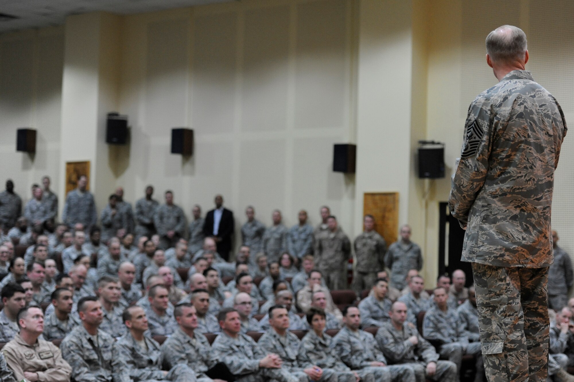 Chief Master Sgt. of the Air Force James Cody, speaks to
airmen at an All Call Feb. 1 at the 386th Air Expeditionary Wing. Air Force
Chief of Staff Gen. Mark A. Welsh III and Cody made their first stop on a
multi-base tour to the Air Force Central Command area of responsibility.
(U.S. Air Force photo by Staff Sgt. Austin Knox)
