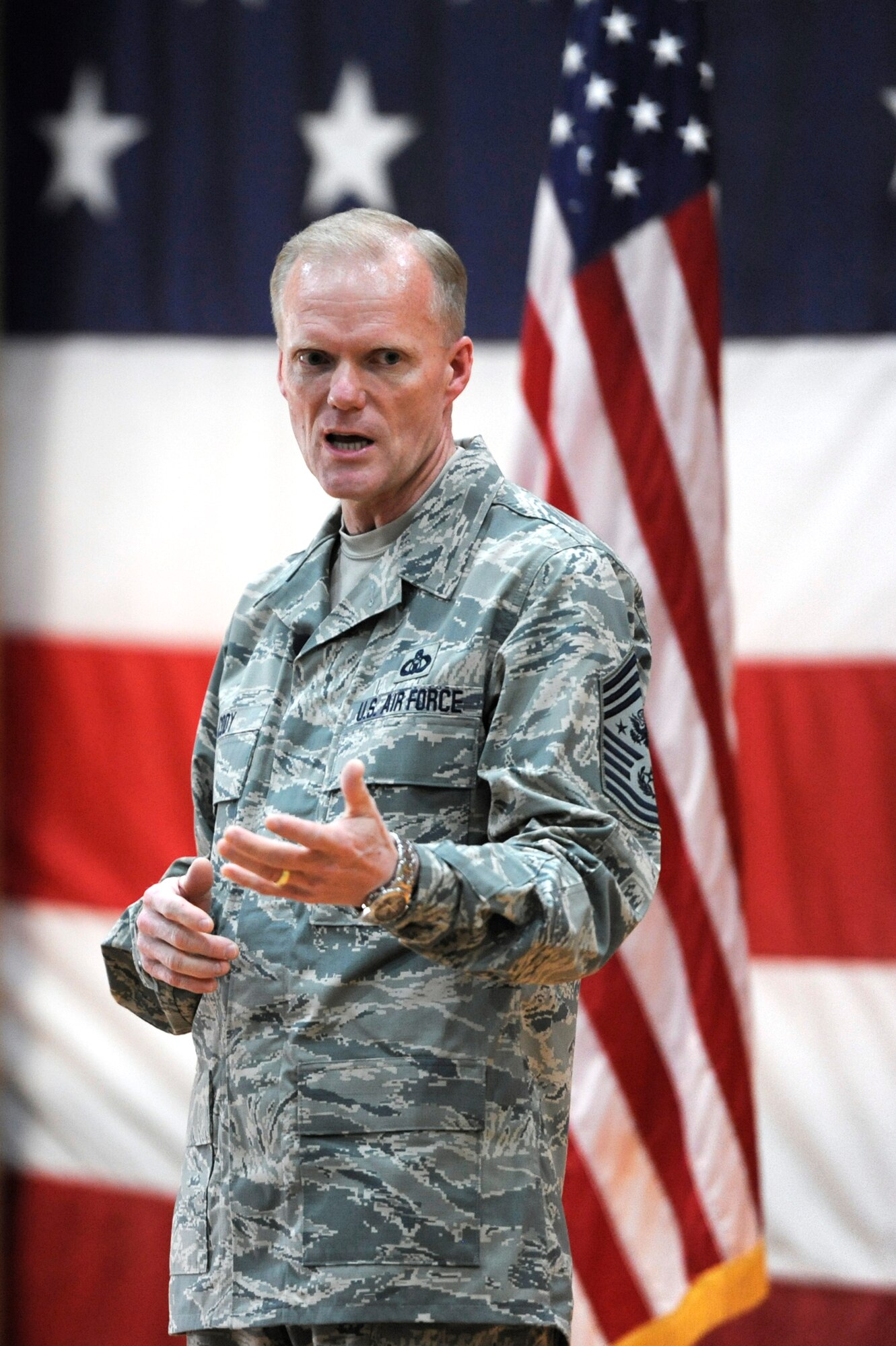 Chief Master Sgt. of the Air Force James Cody, speaks to
airmen at an All Call Feb. 1 at the 386th Air Expeditionary Wing. Air Force
Chief of Staff Gen. Mark A. Welsh III and Cody made their first stop on a
multi-base tour to the Air Force Central Command area of responsibility.
(U.S. Air Force photo by Staff Sgt. Austin Knox)
