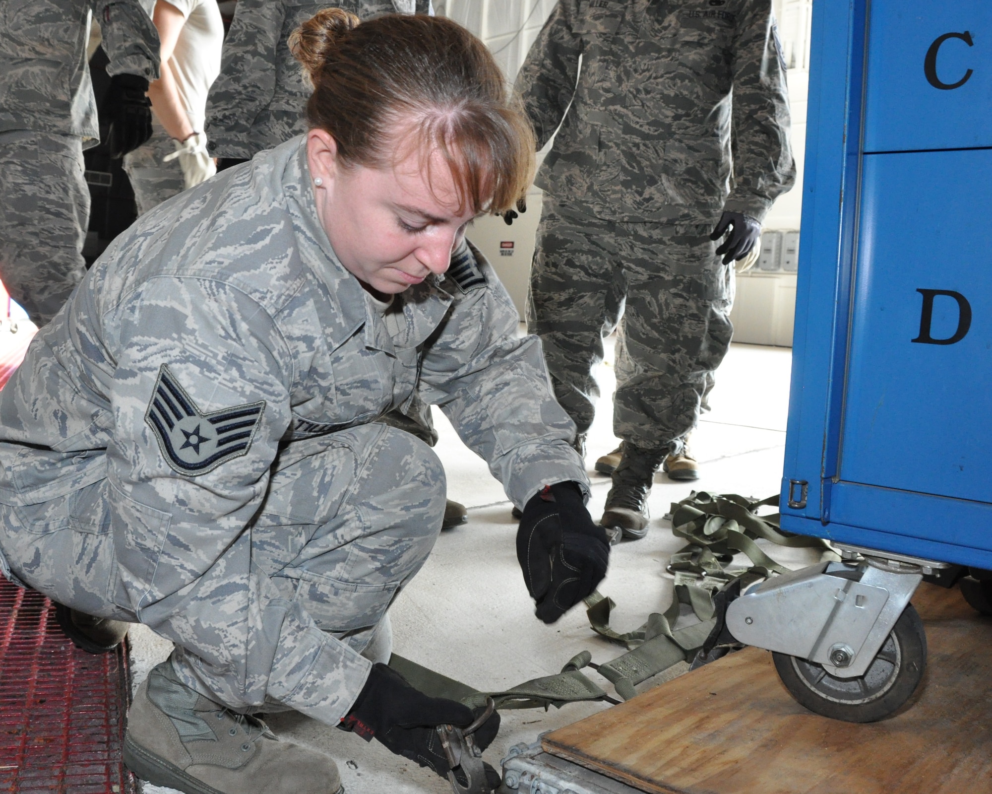 Staff Sgt. Danielle R. Tiller, 916th Logistics Readiness Squadron, secures cargo netting to a pallet during pallet build-up training held in January 2013. (USAF photo by MSgt. Wendy Lopedote, 916ARW/PA)