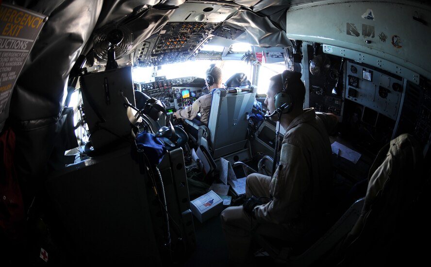 A U.S. Air Force KC-135 Stratotanker crew flies over Africa Feb. 2, 2013, en route to refuel French fighter jets. Tanker crews from the 100th Air Refueling Wing, RAF Mildenhall, England, began conducting refueling missions in support of French operations in Mali from a deployed location in southwest Europe Jan 27. (U.S. Air Force photo by Staff Sgt. Austin M. May/Release)