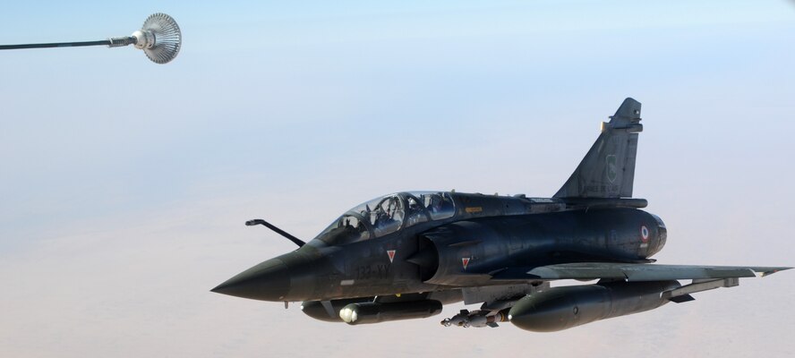 A French Mirage 2000 prepares to refuel from a U.S. Air Force KC-135 Stratotanker over Africa Feb. 2, 2013. Tanker crews from the 100th Air Refueling Wing, RAF Mildenhall, England, began conducting refueling missions in support of French operations in Mali from a deployed location in southwest Europe Jan 27. (U.S. Air Force photo by Staff Sgt. Austin M. May/Released)