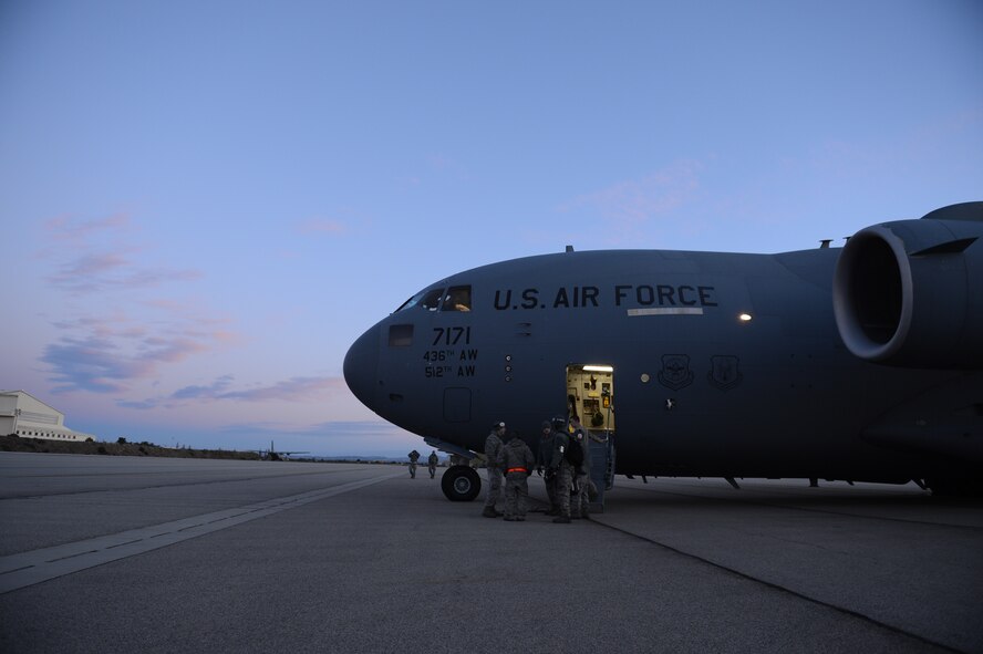 ISTRES, France – A U.S. Air Force C-17 Globemaster III cargo aircraft from Dover Air Force Base, Del., sits on a loading ramp before flight in Istres, France, Jan. 22, 2013. C-17 crews from Joint Base Lewis-McChord, Wash., Joint Base McGuire-Dix-Lakehurst, N.J., and Dover Air Force Base, Del., are here to pilot the C-17 fleets that are being used to transport French supplies, equipment and passengers to Mali. (U.S. Air Force photo by Staff Sgt. Nathanael Callon/Released)
