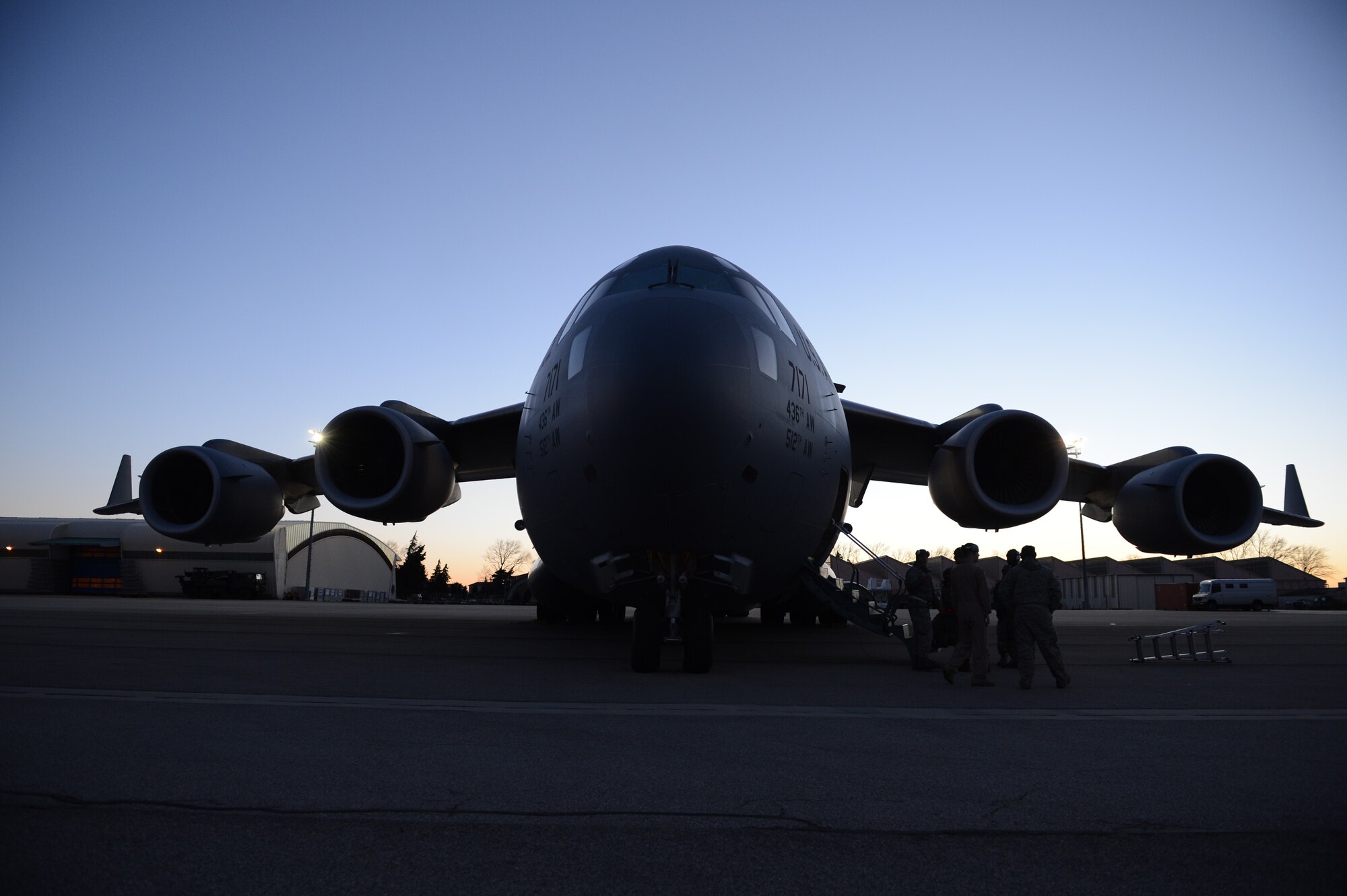 ISTRES, France – A U.S. Air Force C-17 Globemaster III cargo aircraft from Dover Air Force Base, Del., sits on a loading ramp before flight in Istres, France, Jan. 22, 2013. C-17 crews from Joint Base Lewis-McChord, Wash., Joint Base McGuire-Dix-Lakehurst, N.J., and Dover Air Force Base, Del., are here to pilot the C-17 fleets that are being used to transport French supplies, equipment and passengers to Mali. (U.S. Air Force photo by Staff Sgt. Nathanael Callon/Released)