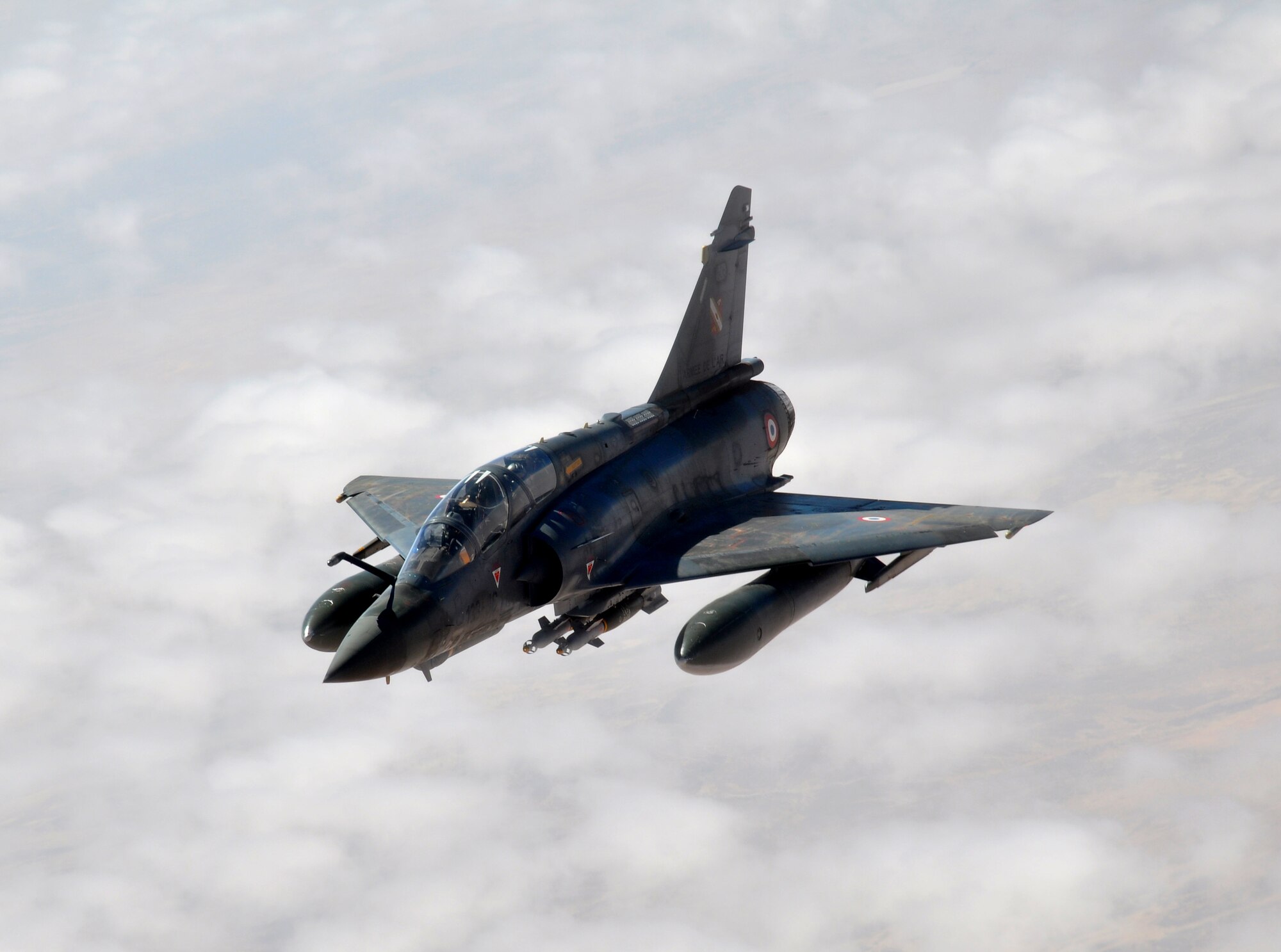 A French Mirage fighter prepares to refuel from a U.S. Air Force KC-135 Stratotanker from the 100th Air Refueling Wing, RAF Mildenhall, England, over Africa Jan. 29, 2013. Tankers from RAF Mildenhall, operating from a forward deployed location began flying refueling missions in support of French operations in Mali Jan. 27, 2013. (U.S. Air Force photo by Capt. Jason Smith)