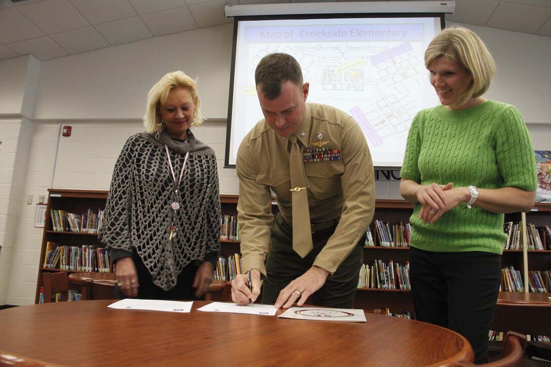 Linda Clifton, principal at Creekside Elementary School in New Bern, and Lt. Col. Alan Solter, the Marine Wing Heaquarters Squadron 2 commanding officer, sign the first Adopt-a-School Program partnership agreement between the squadron and the school Jan. 23 during a brief ceremony in the school’s library.