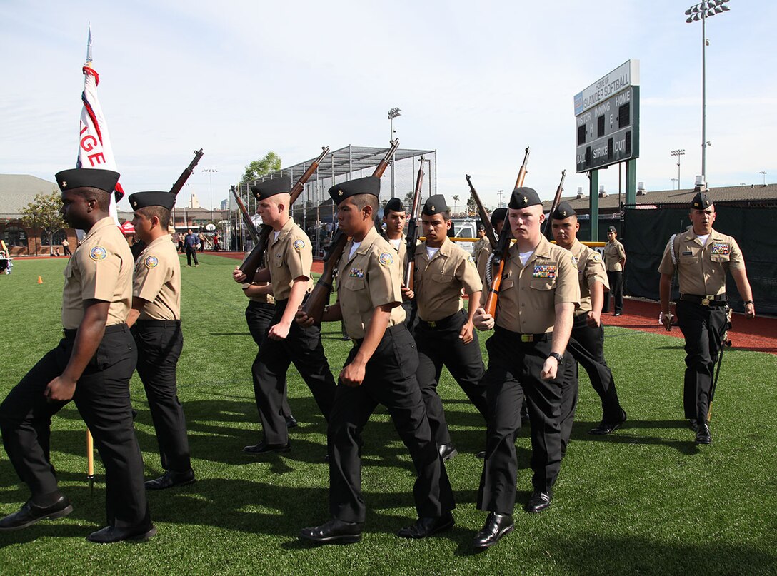 Cadet Jonathan Deguzman leads his fellow cadets from Orange Glen High School in the drill competition portion of the Coronado High School Drill Meet at Coronado High School, CA on Feb 2. The cadets from each school that participated were graded on how well the unit performed, the sharpness of the movements, and even how well the cadet voiced the commands to the unit.