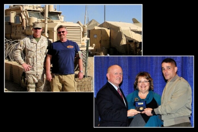 Left: Basil Moncrief (right) and then-Capt. John Mohler stand in front of a Mine Resistant Ambush Protected vehicle at Camp Dwyer, Afghanistan. The MRAP is equipped with a mobile command and control system, called M2C2, which Moncrief helped develop. Moncrief is the lead for the Technology Transition Office within Marine Air-Ground Task Force Command, Control and Communications at Marine Corps Systems Command.  Right: The Marine Corps’s Director of Command, Control, Communications and Computers (C4), Brigadier General Kevin Nally, presents MCTSSA's Buck Connally with the 2012 Copernicus Award for sustained, superior performance in the field of C4. Connally’s wife Kathy also attended the award ceremony at the Armed Forces Communications Electronics Association West's Conference and Symposium in San Diego, Calif.  