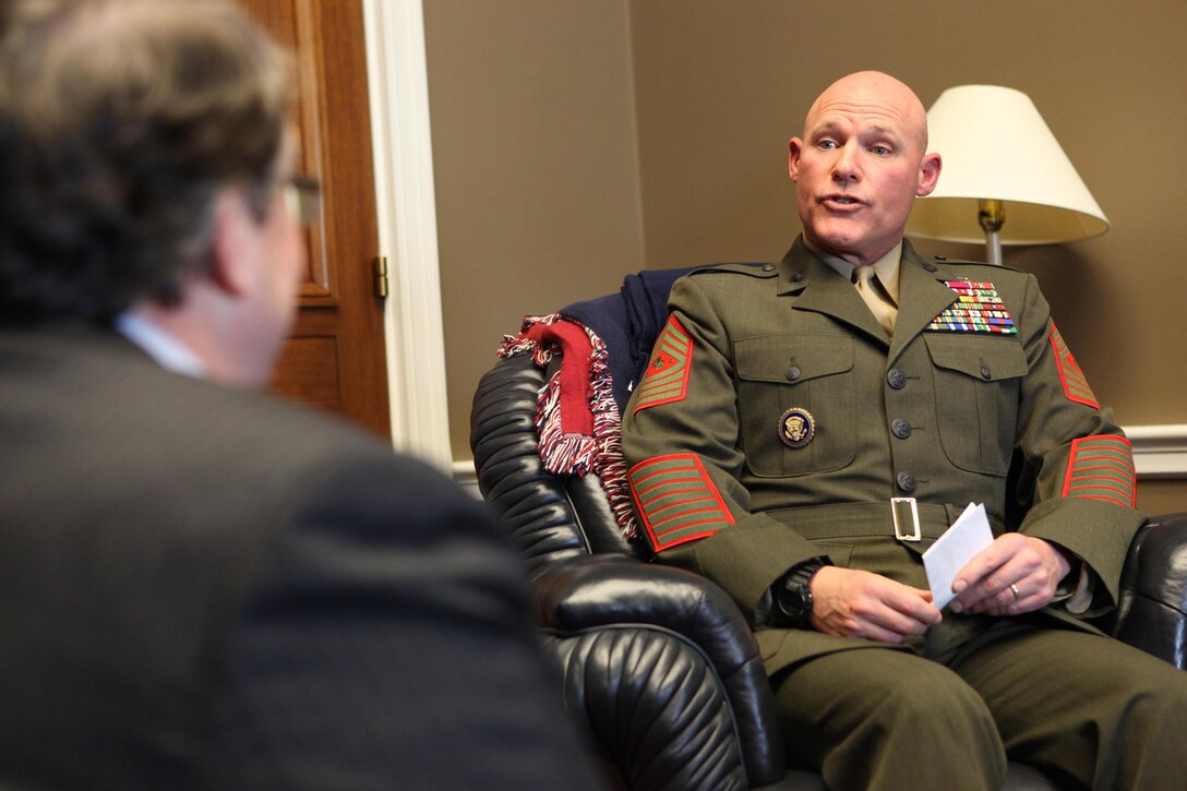 Sgt. Maj. Micheal P. Barrett, the 17th Sergeant Major of the Marine Corps, speaks with Congressman John Culberson, the U.S. Representative for Texas's 7th congressional district, during an office call in Washington, D.C., Jan. 23, 2013. (U.S. Marine Corps photo by Cpl. Tia Dufour)