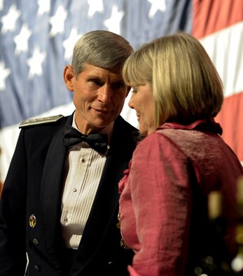 Retired Gen. Norton Schwartz and his wife Suzie stand up to be recognized for their service and contributions to the enlisted force during an Air Force Special Operations Command Order of the Sword ceremony at the Emerald Coast Convention Center on Okaloosa Island, Fla., Feb. 1, 2013. Schwartz served as the 19th chief staff of the Air Force and served for 39 years. (U.S. Air Force photo/Airman 1st Class Christopher Callaway) 