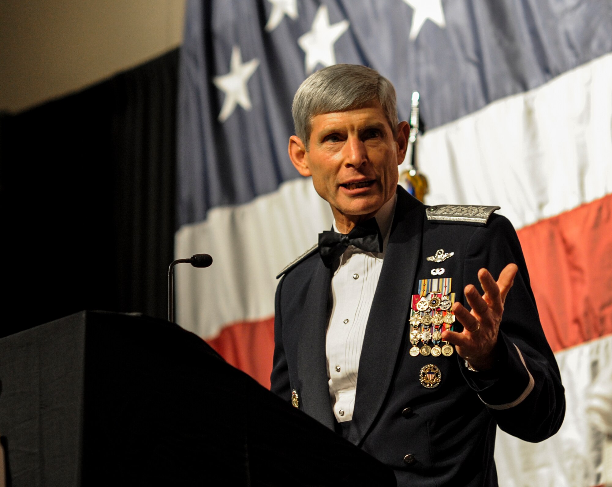 U.S. Air Force Gen. (Ret.) Norton Schwartz speaks during his Order of the Sword ceremony at the Emerald Coast Convention Center on Okaloosa Island, Fla., Feb.1, 2013. The original Order of the Sword was patterned after two orders of chivalry founded during the Middle Ages in Europe: the British Royal Order of the Sword and the Swedish Military Order of the Sword, which are still in existence today. (U.S. Air Force photo/Airman 1st Class Christopher Callaway)
