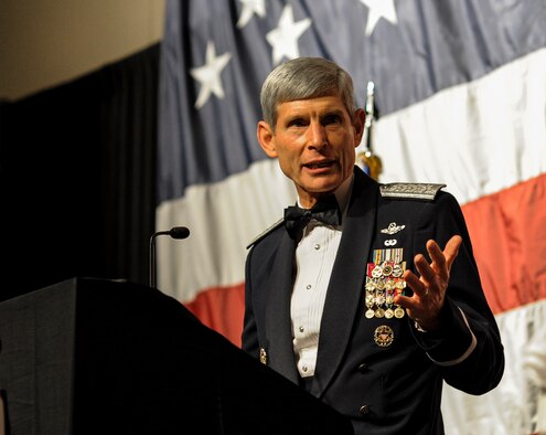 Retired Gen. Norton Schwartz speaks during the Air Force Special Operations Command Order of the Sword ceremony at the Emerald Coast Convention Center on Okaloosa Island, Fla., Feb.1, 2013. The original Order of the Sword was patterned after two orders of chivalry founded during the Middle Ages in Europe: the British Royal Order of the Sword and the Swedish Military Order of the Sword, which are still in existence today. (U.S. Air Force photo/Airman 1st Class Christopher Callaway) 