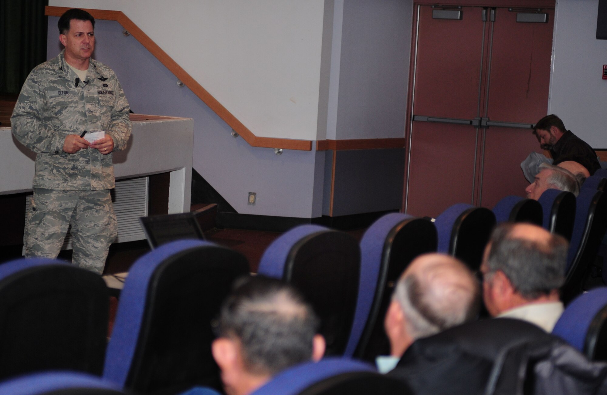 U.S. Air Force Col. Buck Elton, 27th Special Operations Wing commander, speaks to a group of local landowners during a meeting at Cannon Air Force Base, N.M., Jan. 30, 2013. The meeting was held to discuss the concerns landowners might have regarding wind turbine development in the immediate vicinity of the base. (U.S. Air Force photo/Airman 1st Class Ericka Engblom)