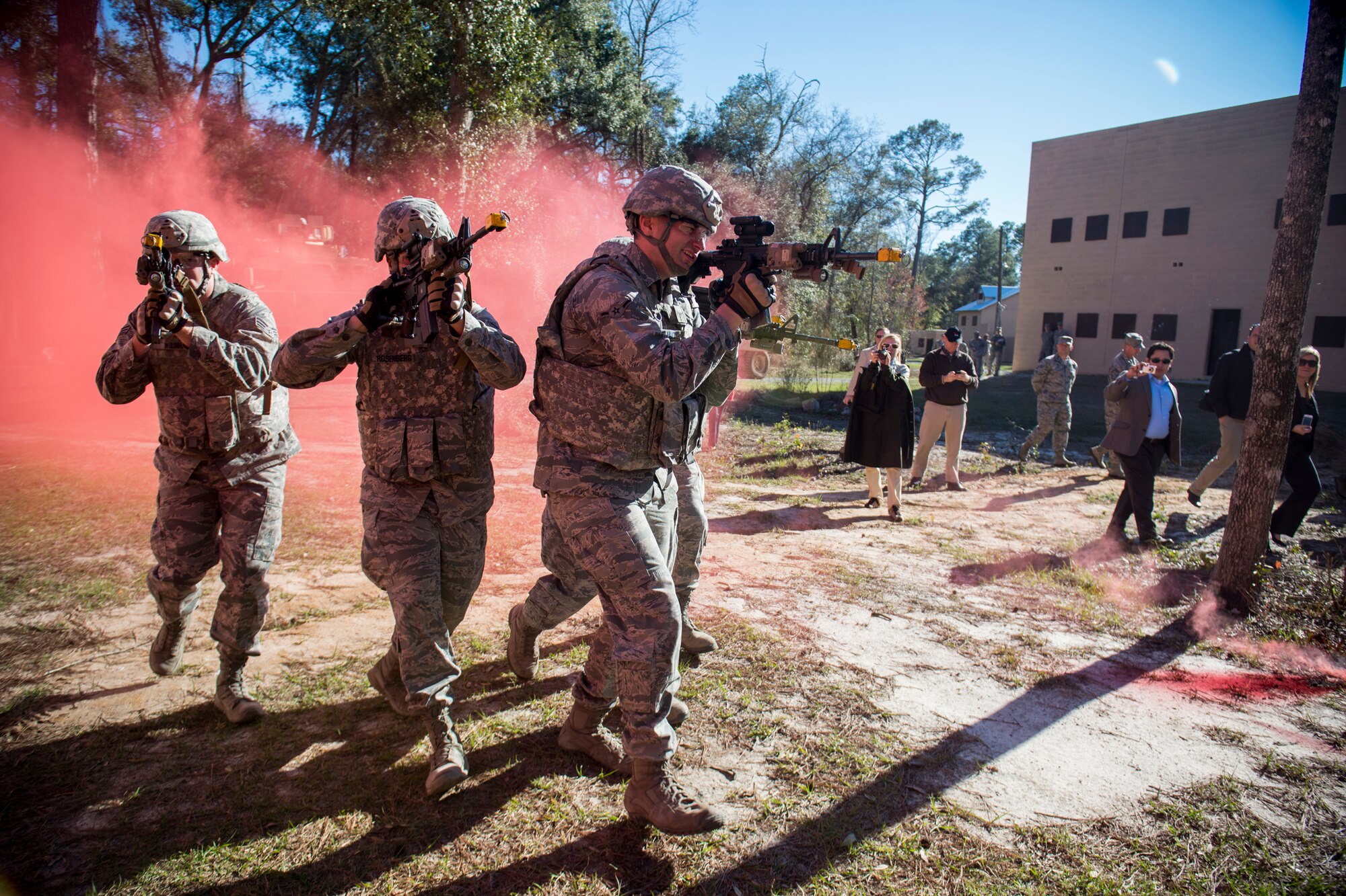 Airmen from the 820th Base Defense Group participate in military operations in an urban terrain demonstration Jan. 31, 2013, at Moody Air Force Base, Ga. The training session was viewed by ten congressional staff delegates who visited Moody to meet Airmen and witness the base’s capabilities. (U.S. Air Force photo by Staff Sgt. Jamal D. Sutter/Released)