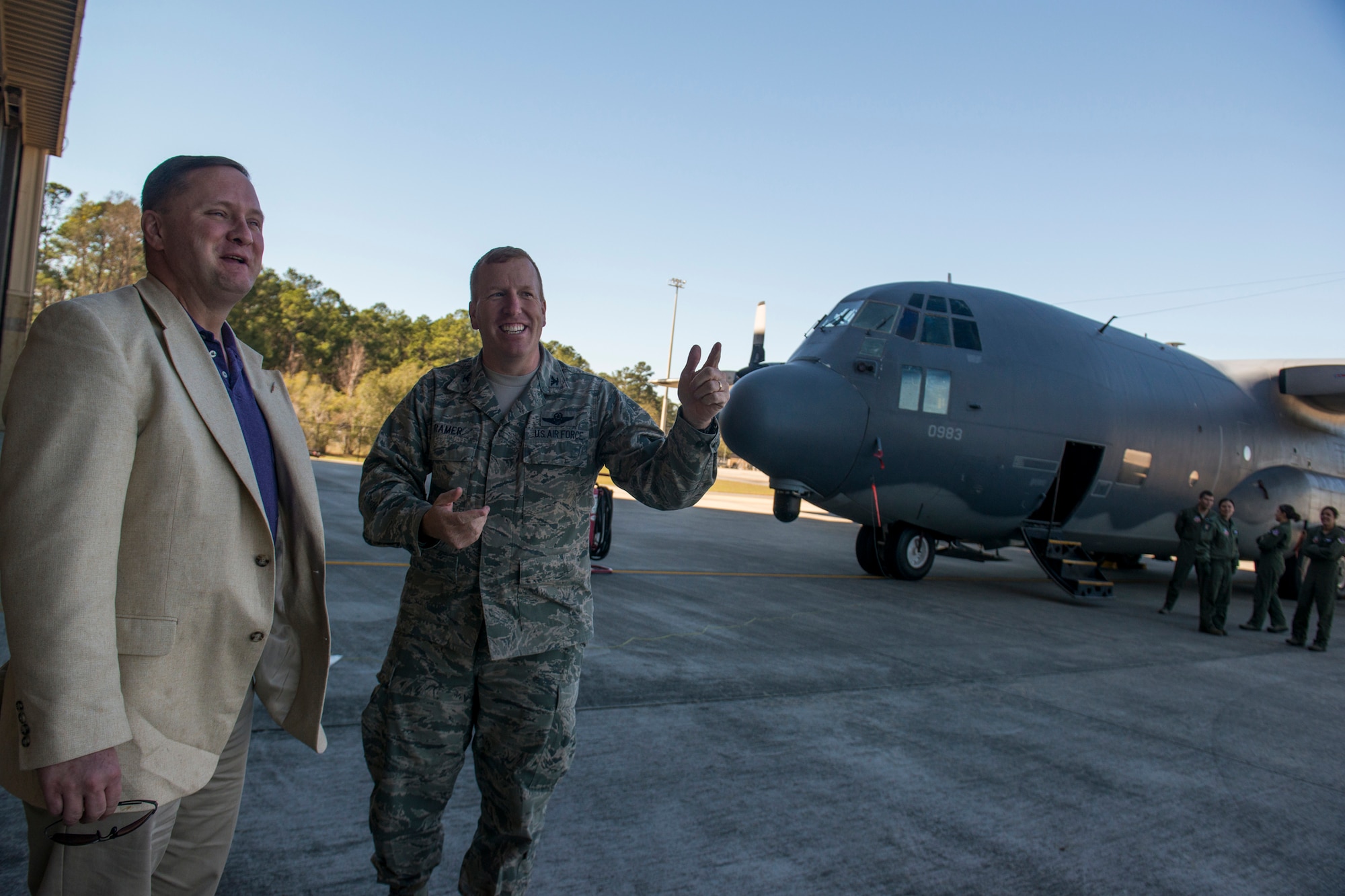 Kevin Reigrut, chief of staff to Maryland Congressman Andy Harris, speaks with U.S. Air Force Col. Steven Ramer, 23d Wing vice commander, during a visit to Moody Air Force Base, Ga., Jan. 31, 2013. Ten staff delegates met with base leadership to get a better understanding of what Moody does for the Air Force and local community. (U.S. Air Force photo by Staff Sgt. Jamal D. Sutter/Released)